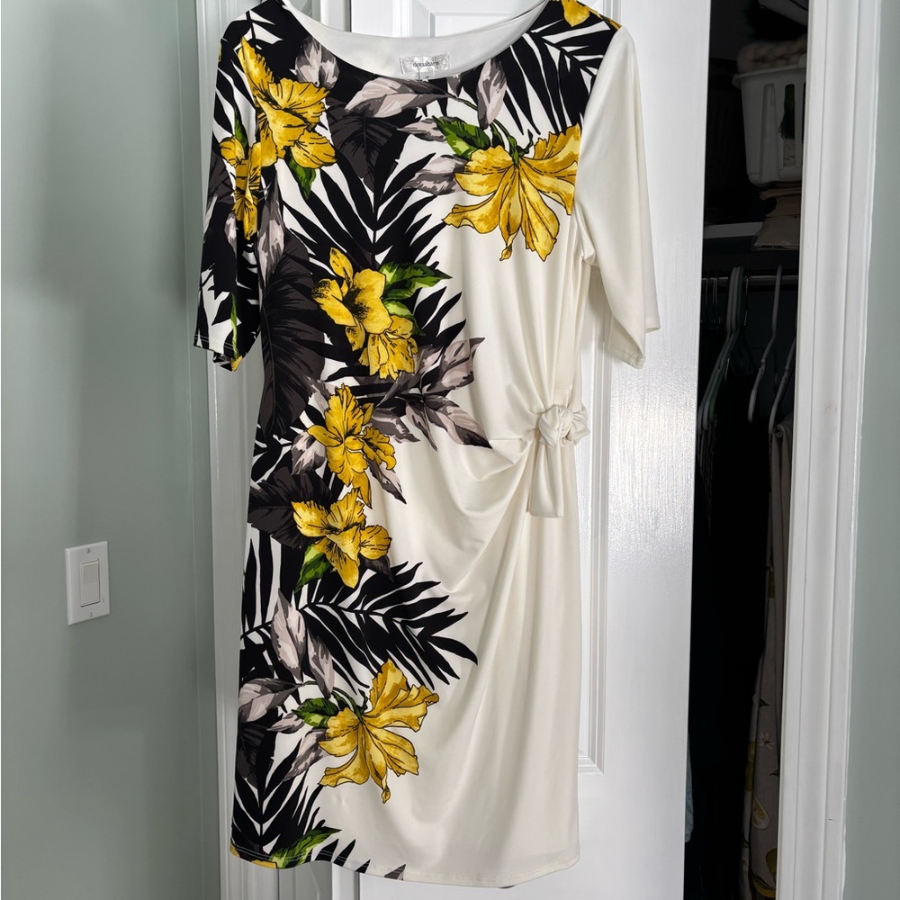 dressbarn Yellow Floral and Black Leaf Midi Dress